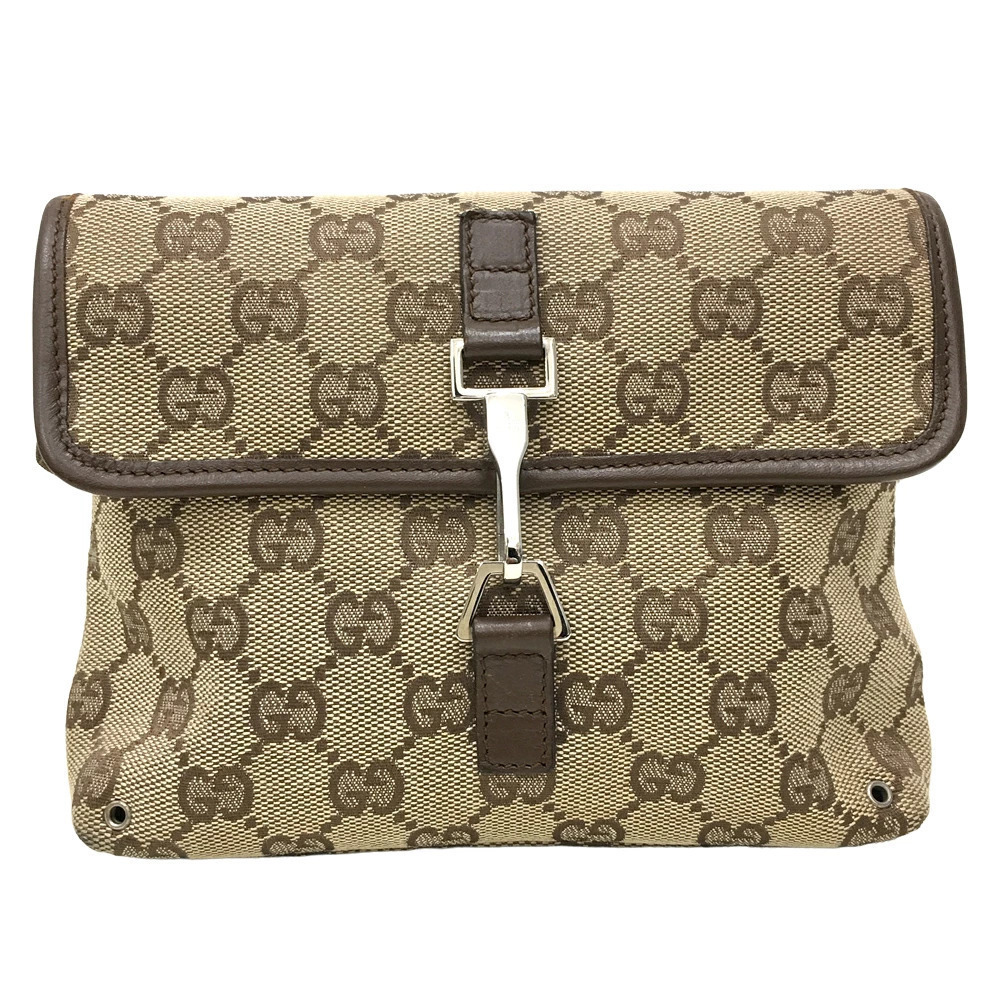 Gucci Bag Flap GG Clutch Brown Leather Waist Canvas